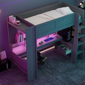 Wood Twin Size Gaming Loft Bed with Desk, Multi-storage Shelves, LED and Charging Station