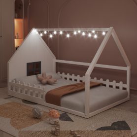Full Size Wood House Bed with Window and Fence