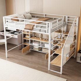 Full Size Metal Loft Bed with Staircase,Low Storage Table and Storage Shelves