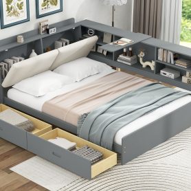 Wood Full Size Platform Bed With Storage Headboard, Shelves And 2 Drawers