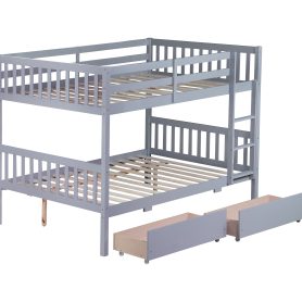 Full Over Full Rubber Wood Bunk Bed With 2 Drawers, Ladder And Safety Guardrails
