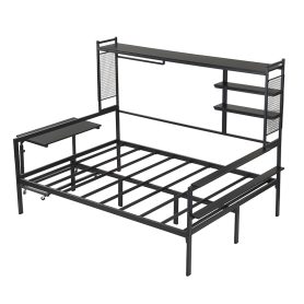 Full Size Metal Daybed With Movable Desk, Metal Grid, Shelves And Clothes Hanger