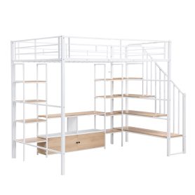 Full Size Metal Loft Bed with Staircase,Low Storage Table and Storage Shelves