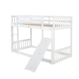 Twin Over Twin Floor Bunk Bed With Climbing Ramp, Ladder, Safety Guardrails
