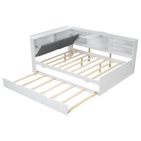 Wood Full Size Platform Bed with Trundle, Shelves and Storage Headboard