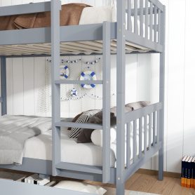 Twin Over Twin Rubber Wood Bunk Bed with 2 Drawers, Convertible into 2 Twin Beds