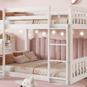 Twin Over Twin Floor Bunk Bed With Climbing Ramp, Ladder, Safety Guardrails