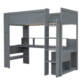 Wood Twin Size Gaming Loft Bed with Desk, Multi-storage Shelves, LED and Charging Station