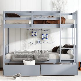 Twin Over Twin Rubber Wood Bunk Bed with 2 Drawers, Convertible into 2 Twin Beds