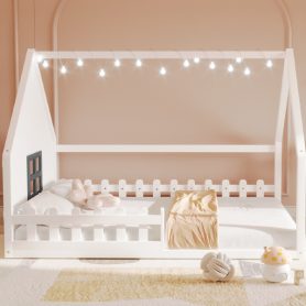 Full Size Wood House Bed with Window and Fence