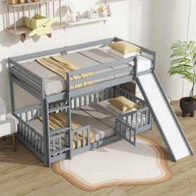 Twin Over Twin Floor Bunk Bed With Slide, Ladder, Door and Safety Guardrails