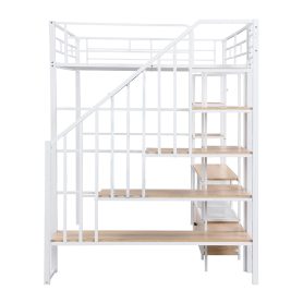 Full Size Metal Loft Bed with Staircase,Low Storage Table and Storage Shelves