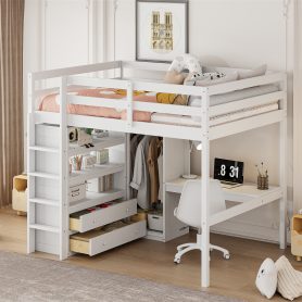 Wood Full Size Loft Bed with Built-in Wardrobe, Desk, Storage Shelves and Drawers