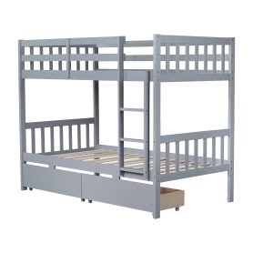 Twin Over Twin Rubber Wood Bunk Bed with 2 Drawers, Convertible into 2 Twin Beds