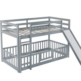 Twin Over Twin Floor Bunk Bed With Slide, Ladder, Door and Safety Guardrails