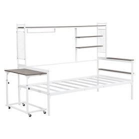 Twin Size Metal Daybed With Movable Desk, Metal Grid, Shelves And Clothes Hanger 21 Twin Size Metal Daybed With Movable Desk, Metal Grid, Shelves And Clothes Hanger
