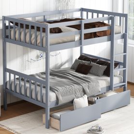 Twin Over Twin Rubber Wood Bunk Bed with 2 Drawers, Convertible into 2 Twin Beds