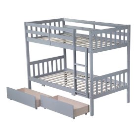 Twin Over Twin Rubber Wood Bunk Bed with 2 Drawers, Convertible into 2 Twin Beds