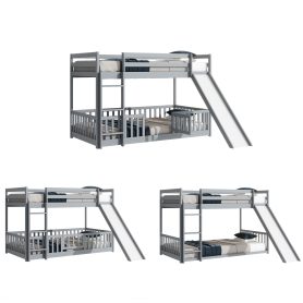 Twin Over Twin Floor Bunk Bed With Slide, Ladder, Door and Safety Guardrails