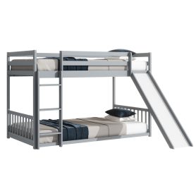 Twin Over Twin Floor Bunk Bed With Slide, Ladder, Door and Safety Guardrails