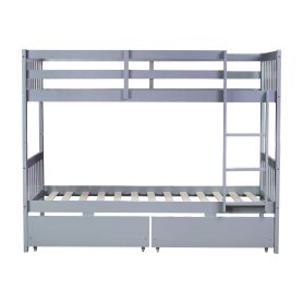 Twin Over Twin Rubber Wood Bunk Bed with 2 Drawers, Convertible into 2 Twin Beds