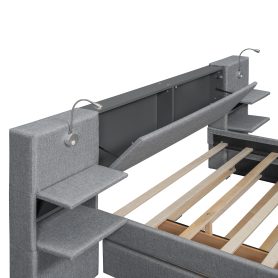 Queen Size Upholstered Platform Bed with Reading Lights, Drawers, Trundle and Shelves