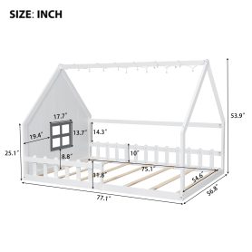 Full Size Wood House Bed with Window and Fence
