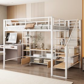 Full Size Metal Loft Bed with Staircase,Low Storage Table and Storage Shelves