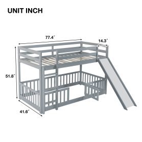 Twin Over Twin Floor Bunk Bed With Slide, Ladder, Door and Safety Guardrails