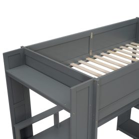 Wood Twin Size Gaming Loft Bed with Desk, Multi-storage Shelves, LED and Charging Station