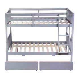 Full Over Full Rubber Wood Bunk Bed With 2 Drawers, Ladder And Safety Guardrails