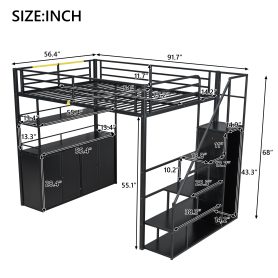 Full Size Metal Loft Bed with Storage Staircase and Wardrobe, Shelves and Lockers