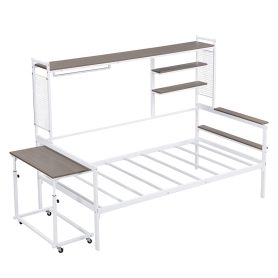 Twin Size Metal Daybed With Movable Desk, Metal Grid, Shelves And Clothes Hanger 22 Twin Size Metal Daybed With Movable Desk, Metal Grid, Shelves And Clothes Hanger