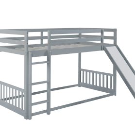 Twin Over Twin Floor Bunk Bed With Slide, Ladder, Door and Safety Guardrails