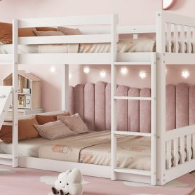 Twin Over Twin Floor Bunk Bed With Climbing Ramp, Ladder, Safety Guardrails