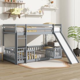 Twin Over Twin Floor Bunk Bed With Slide, Ladder, Door and Safety Guardrails