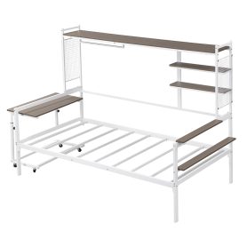 Twin Size Metal Daybed With Movable Desk, Metal Grid, Shelves And Clothes Hanger 23 Twin Size Metal Daybed With Movable Desk, Metal Grid, Shelves And Clothes Hanger