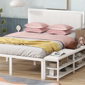 Full Size Metal Platform Bed With Two-tier Storage Shelves and Storage Cabinet
