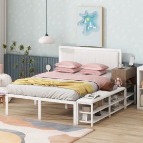 Full Size Metal Platform Bed With Two-tier Storage Shelves and Storage Cabinet