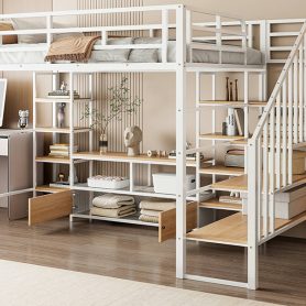 Full Size Metal Loft Bed with Staircase,Low Storage Table and Storage Shelves