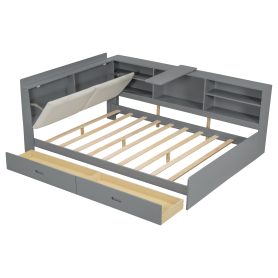 Wood Full Size Platform Bed With Storage Headboard, Shelves And 2 Drawers