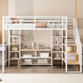 Full Size Metal Loft Bed with Staircase,Low Storage Table and Storage Shelves