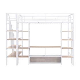 Full Size Metal Loft Bed with Staircase,Low Storage Table and Storage Shelves