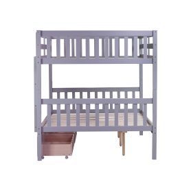 Full Over Full Rubber Wood Bunk Bed With 2 Drawers, Ladder And Safety Guardrails