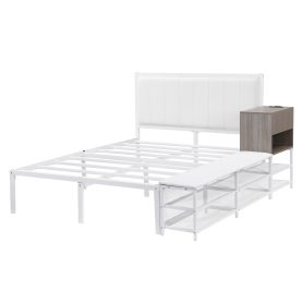 Full Size Metal Platform Bed With Two-tier Storage Shelves and Storage Cabinet