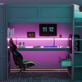 Wood Twin Size Gaming Loft Bed with Desk, Multi-storage Shelves, LED and Charging Station