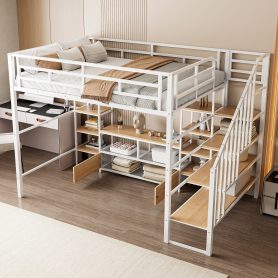 Full Size Metal Loft Bed with Staircase,Low Storage Table and Storage Shelves
