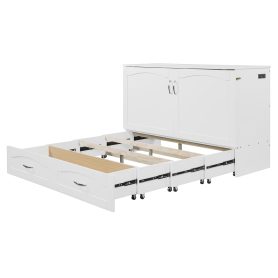 Queen Size Murphy Bed with Drawer and a set of Sockets & USB Ports, Pulley Structure Design