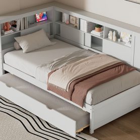 Twin Size Wood Daybed with Storage Shelves, USB and Trundle