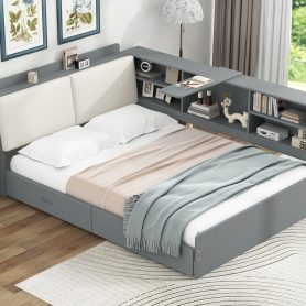 Wood Full Size Platform Bed With Storage Headboard, Shelves And 2 Drawers